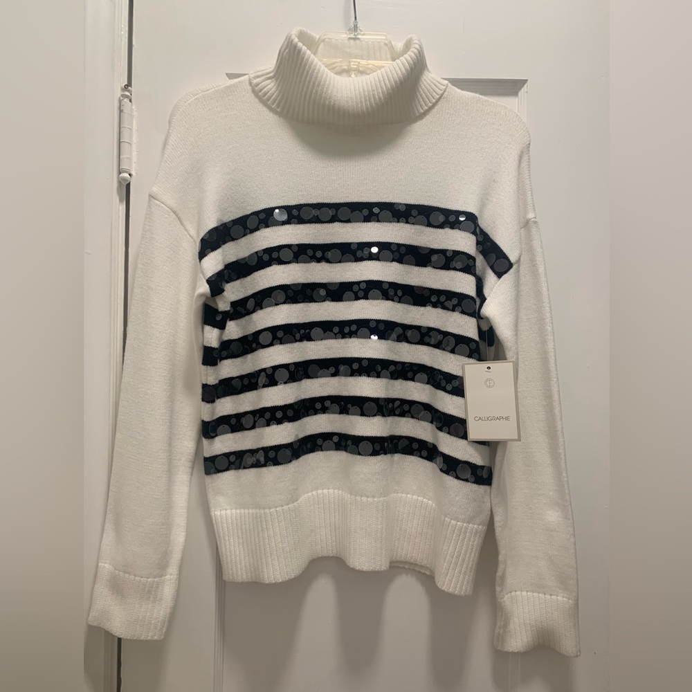 NWT CALLIGRAPHIE IVORY/BLACK STRIPED SEQUIN TURTLE NECK PULLOVER SWEATER SIZE S